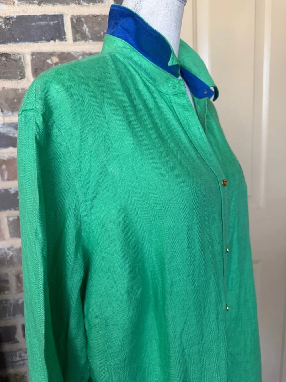 Lauren Ralph Lauren Linen Green Button Up Shirt Blue Contrast Trim Logo Crest 1X - Picture 3 of 12